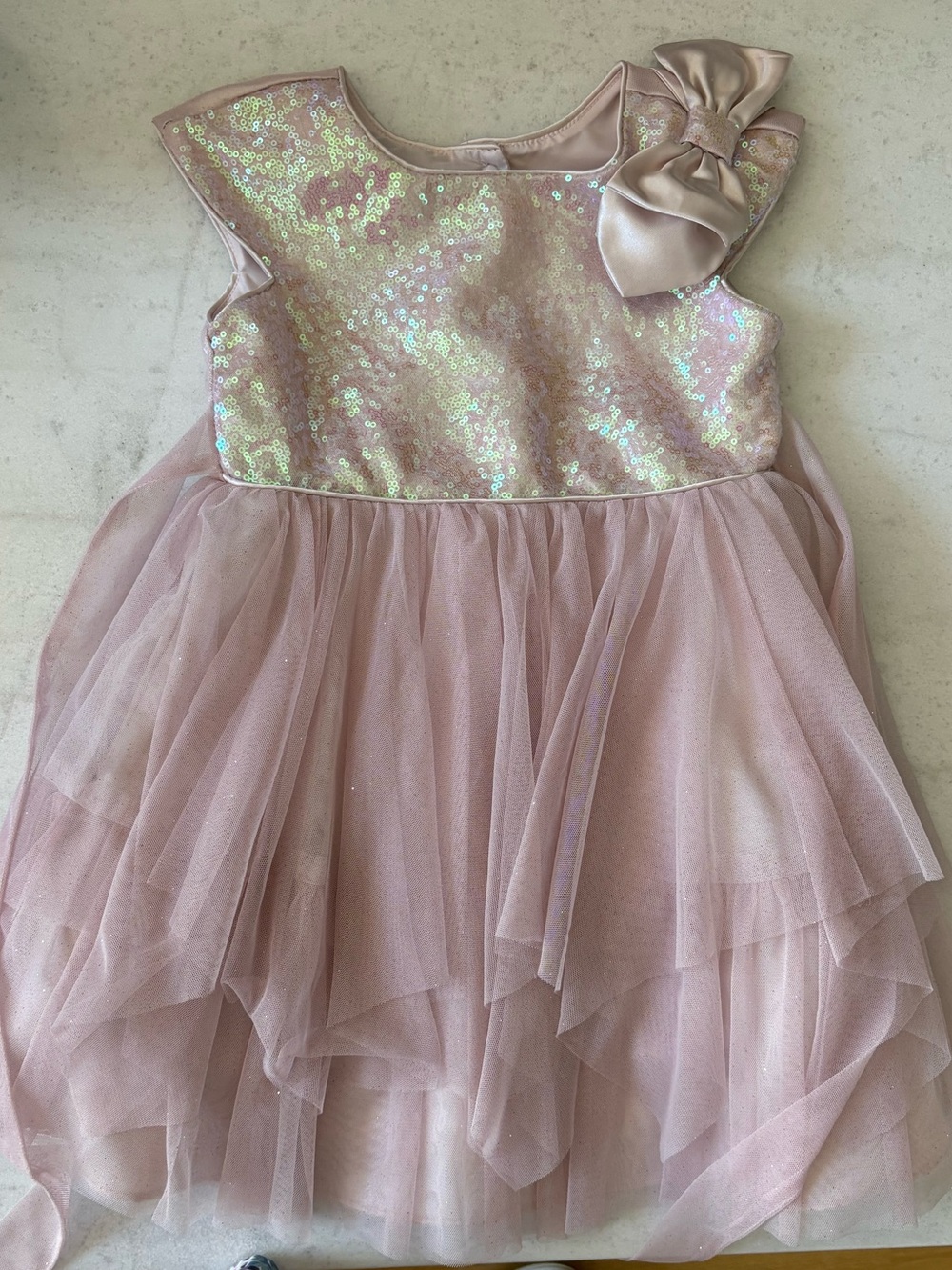 Girls' Shimmer Sequin & Layered Tulle Dress in Light Pink with Bow